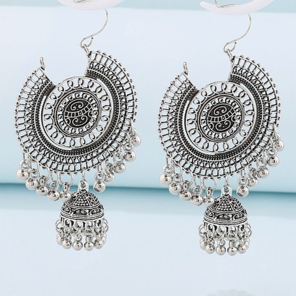 Silver boho chic earrings Indian style hoops dangle jewelry festival vacation - Picture 2 of 2